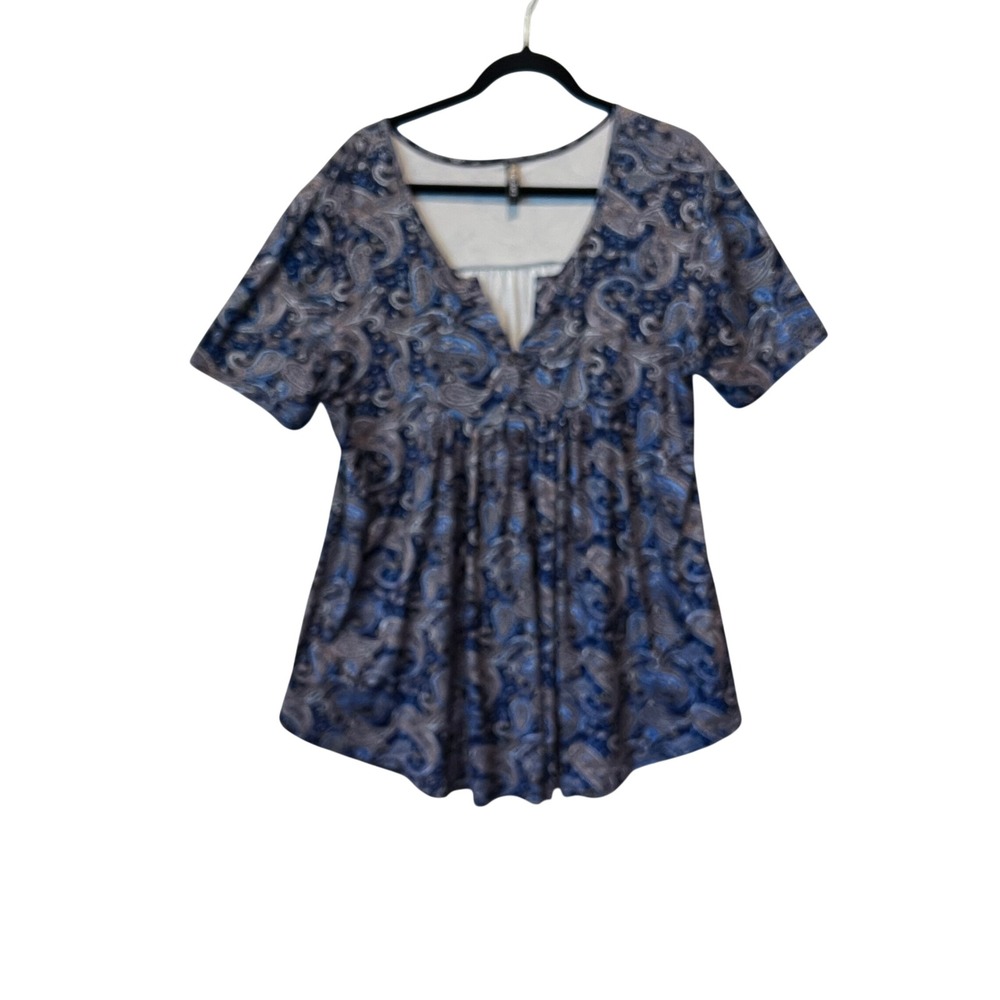 Allegrace Blue Paisley Babydoll V-Neck Short Sleeve Tunic Top 1X Plus Size‎